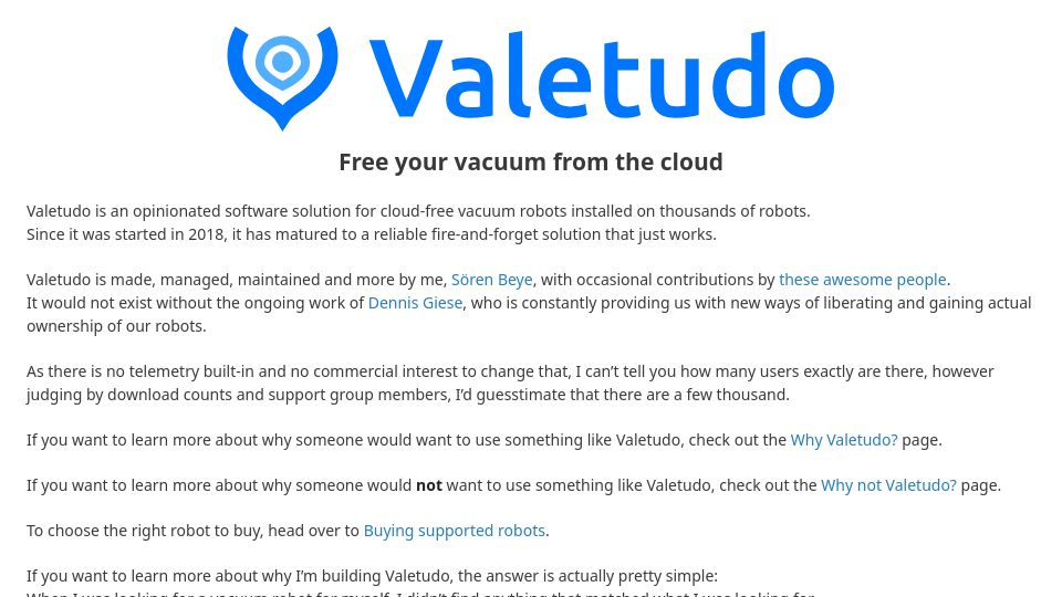 Screenshot of valetudo.cloud: Valetudo: Cloud replacement for vacuum robots enabling local-only operation