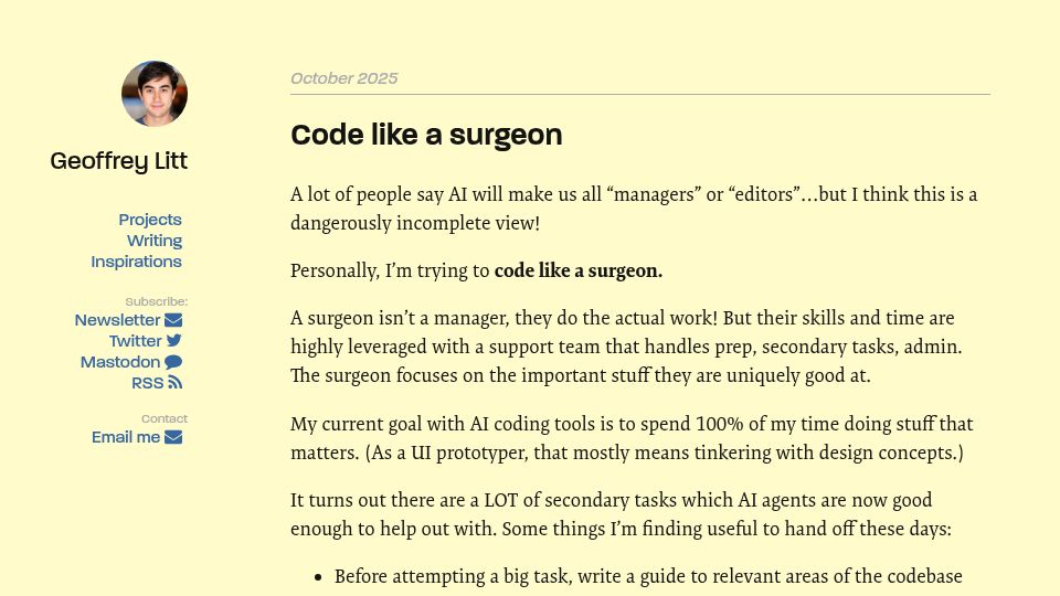 Screenshot of geoffreylitt.com: Code like a surgeon