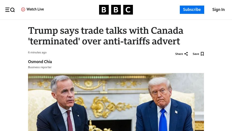 Screenshot of bbc.com: US Tariff Negotiations with Canada Terminated over Advertisement