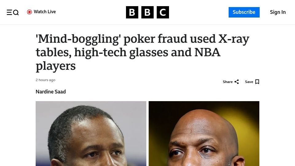 Screenshot of bbc.com: Poker fraud used X-ray tables, high-tech glasses and NBA players