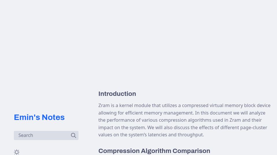 Screenshot of notes.xeome.dev: Zram Performance Analysis
