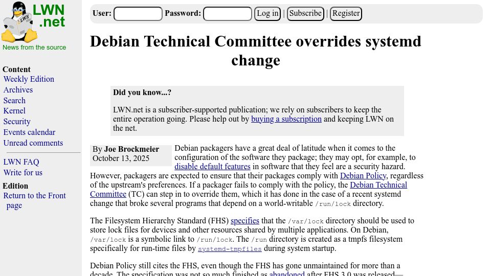 Screenshot of lwn.net: Debian Technical Committee overrides systemd change