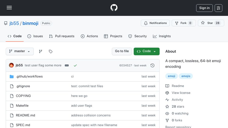 Screenshot of github.com: Binmoji: A 64-bit emoji encoding