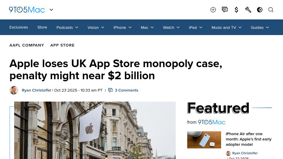 Screenshot of 9to5mac.com: Apple loses UK App Store monopoly case, penalty might near $2B