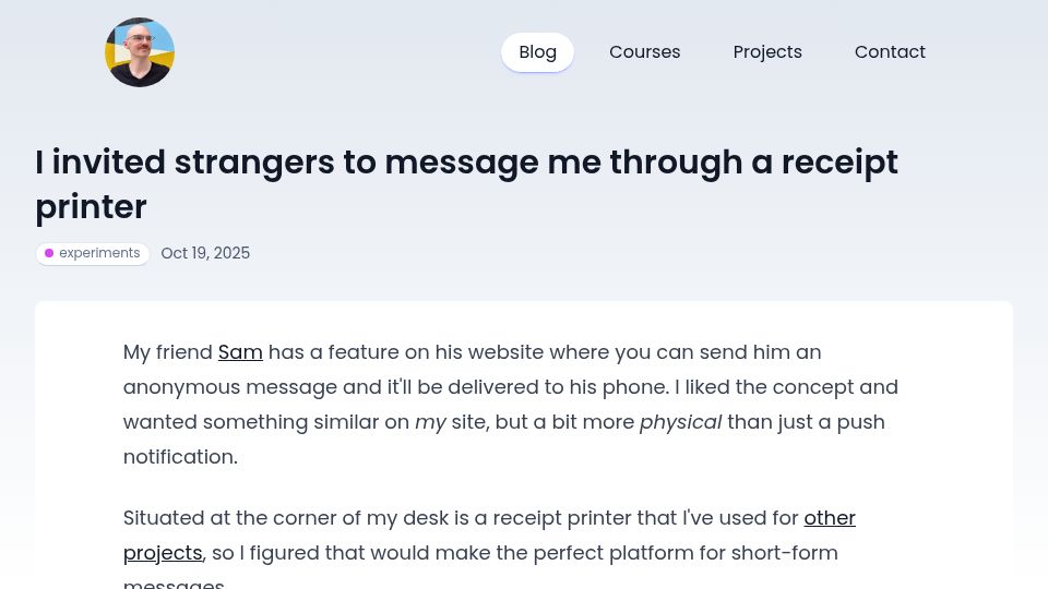 Screenshot of aschmelyun.com: I invited strangers to message me through a receipt printer