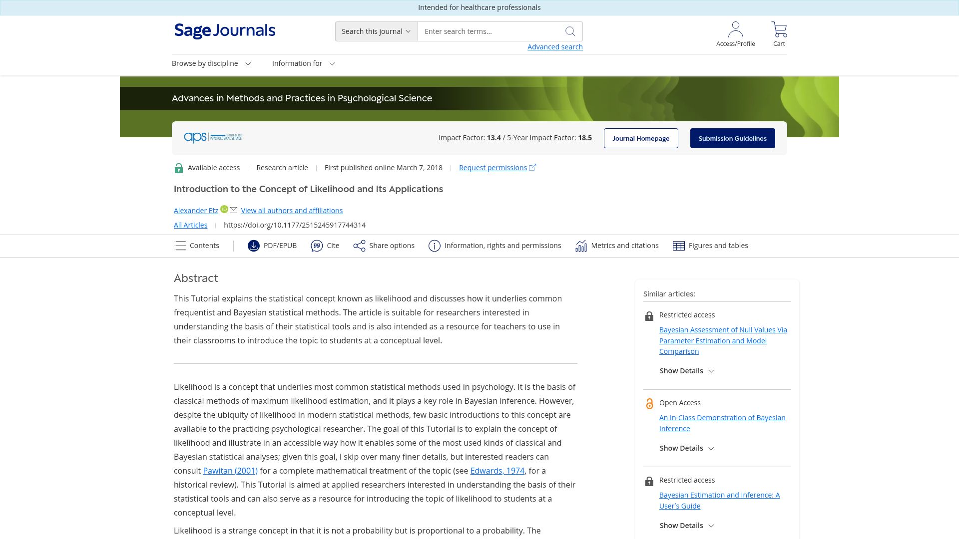 Screenshot of journals.sagepub.com: Introduction to the concept of likelihood and its applications (2018)