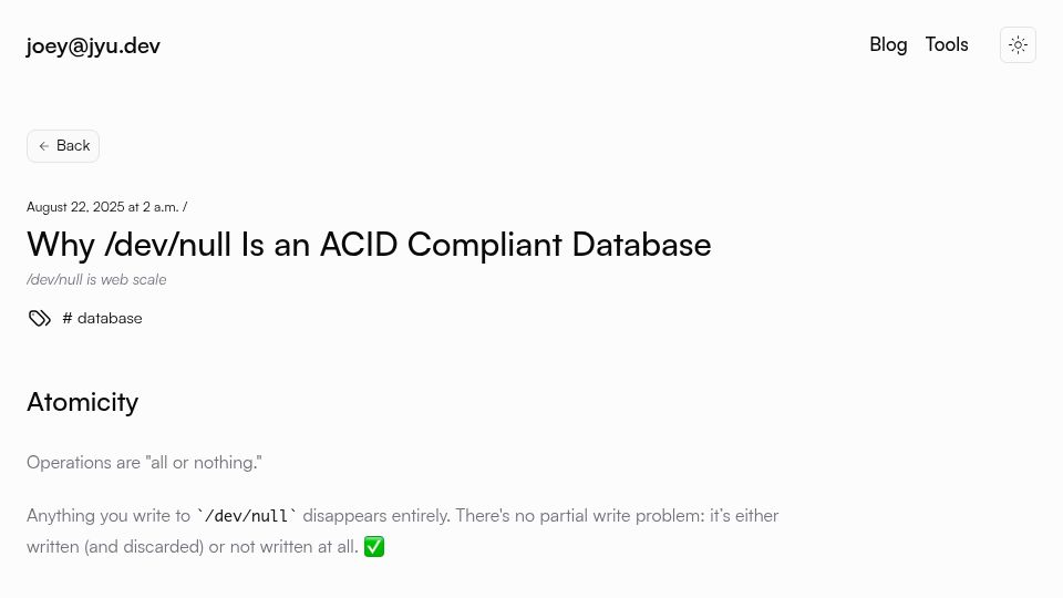 Screenshot of jyu.dev: /dev/null is an ACID compliant database