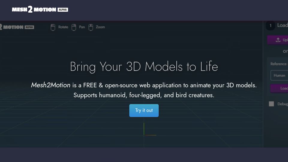 Screenshot of mesh2motion.org: Mesh2Motion – Open-source web application to animate 3D models