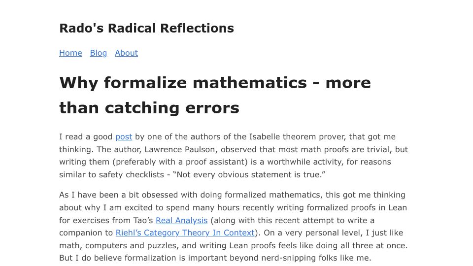 Screenshot of rkirov.github.io: Why formalize mathematics – more than catching errors