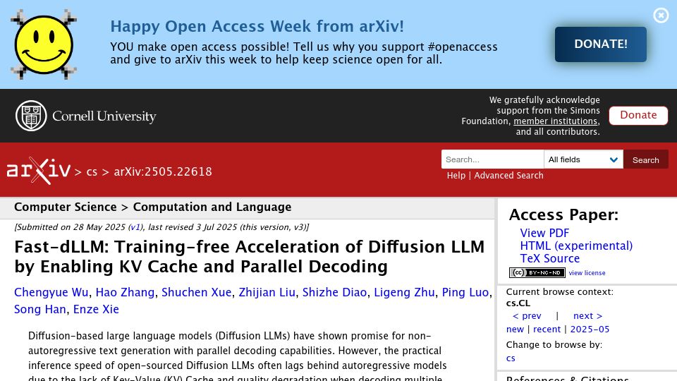 Screenshot of arxiv.org: Fast-DLLM: Training-Free Acceleration of Diffusion LLM