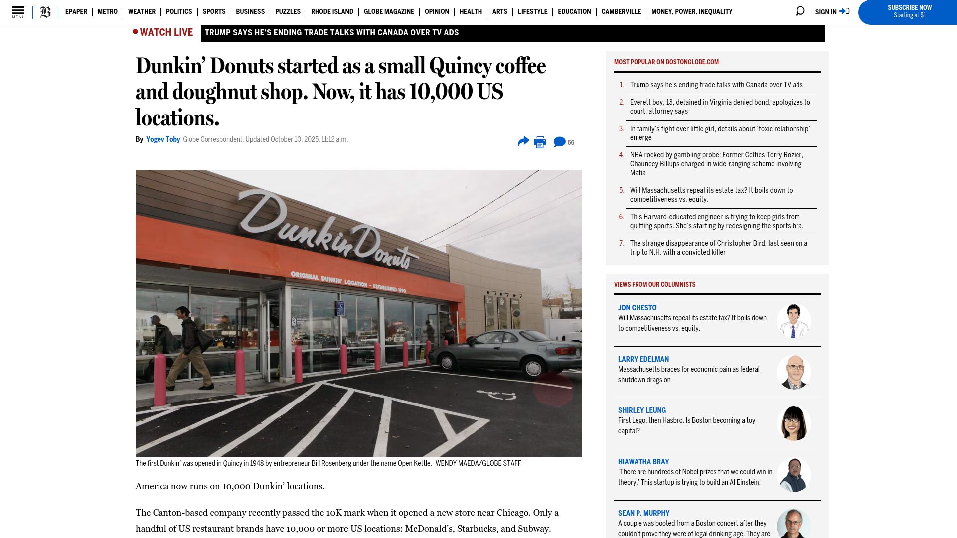 Screenshot of bostonglobe.com: Dunkin’ Donuts started as a small Quincy coffee and doughnut shop