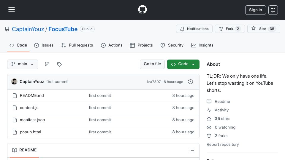 Screenshot of github.com: FocusTube: A Chrome extension that hides YouTube Shorts