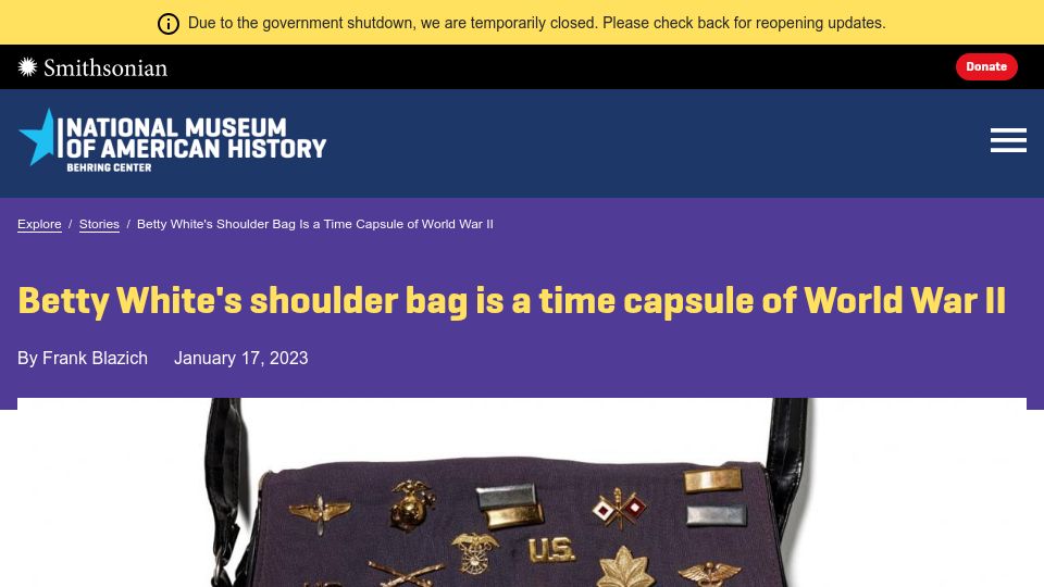 Screenshot of americanhistory.si.edu: Betty White's shoulder bag is a time capsule of World War II (2023)