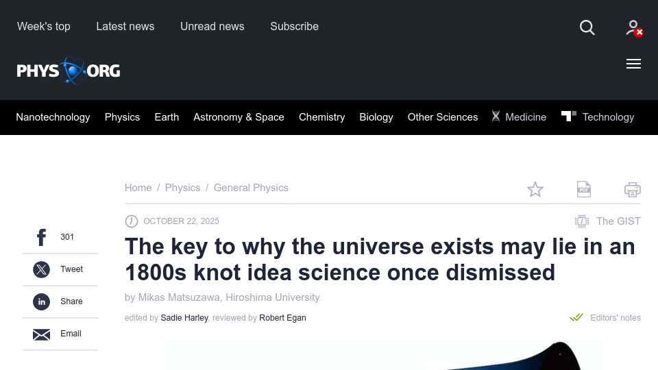 Screenshot of phys.org: A “knot dominated era” may have existed in the early universe: study