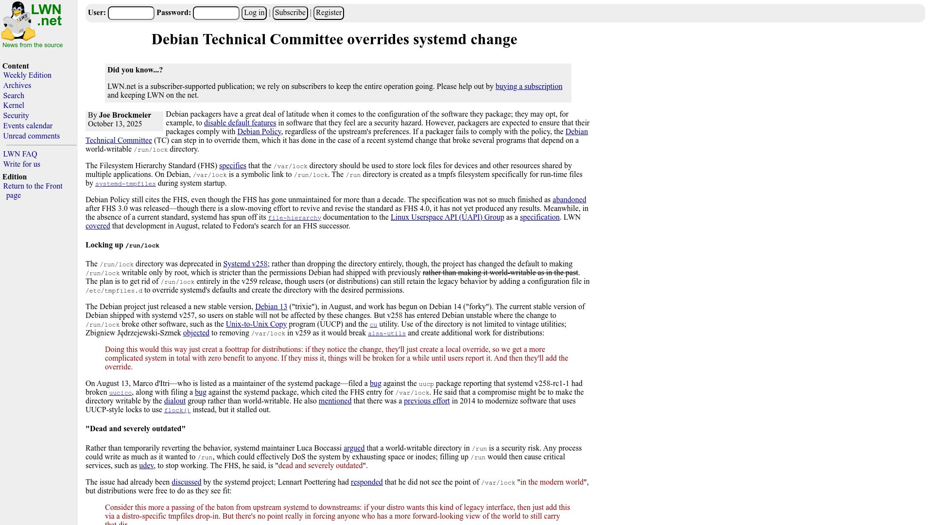 Screenshot of lwn.net: Debian Technical Committee overrides systemd change