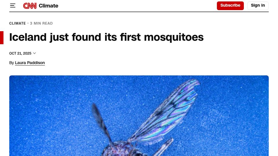 Screenshot of cnn.com: Mosquitoes discovered in Iceland for the first time