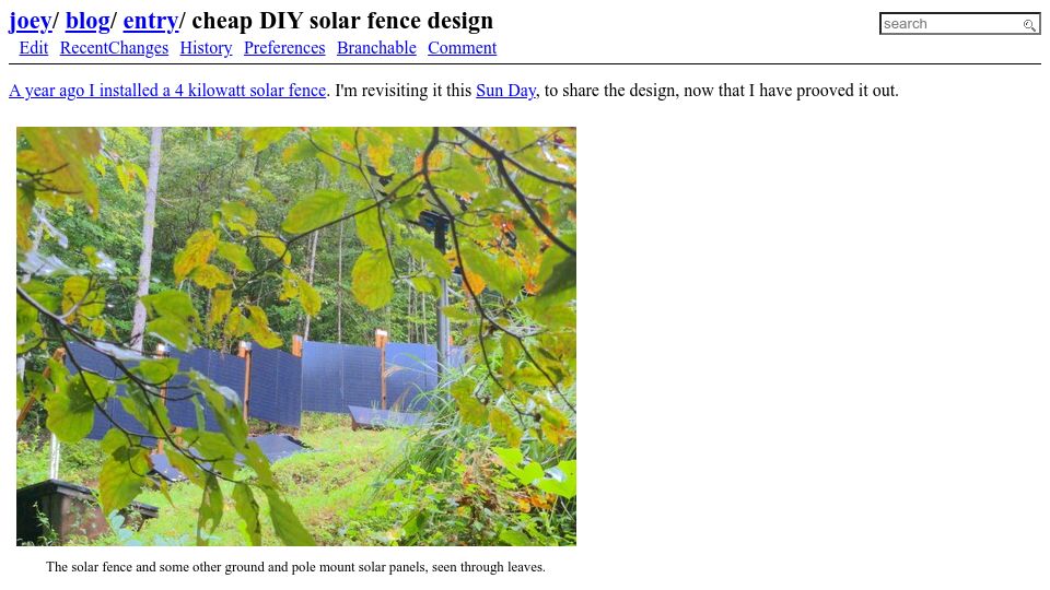 Screenshot of joeyh.name: Cheap DIY solar fence design