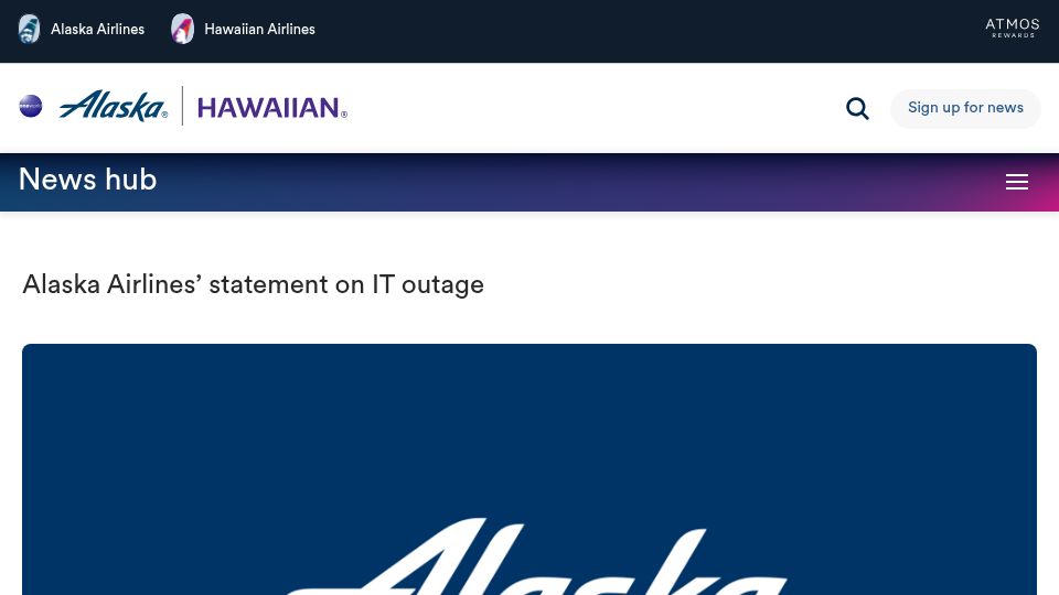 Screenshot of news.alaskaair.com: Alaska Airlines' statement on IT outage