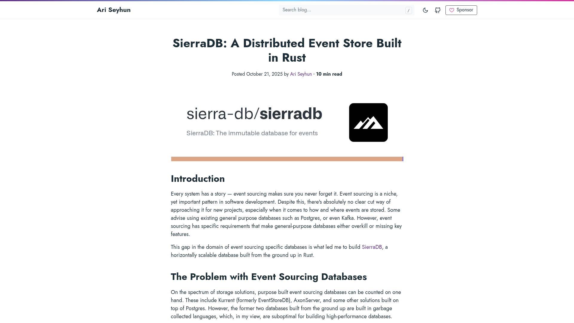 Screenshot of tqwewe.com: SierraDB: A distributed event store built in Rust