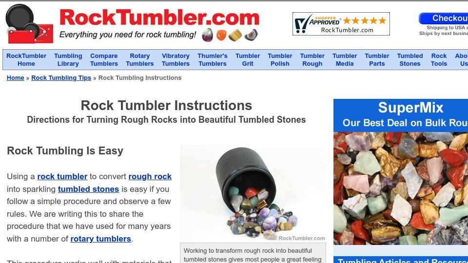 Screenshot of rocktumbler.com: Rock Tumbler Instructions