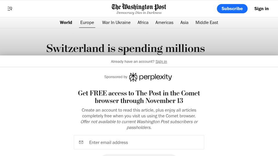 Screenshot of washingtonpost.com: Switzerland is spending millions revamping its vast network of bunkers