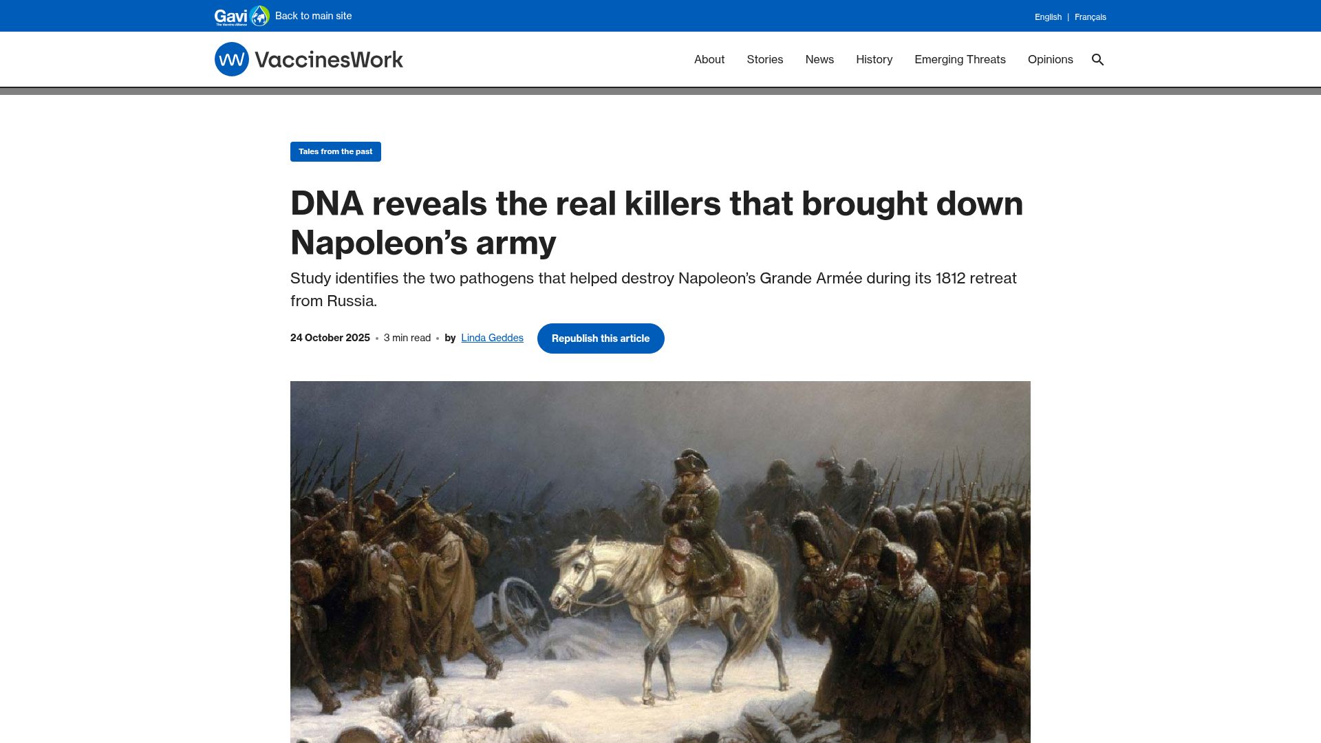 Screenshot of gavi.org: DNA reveals the real killers that brought down Napoleon's army