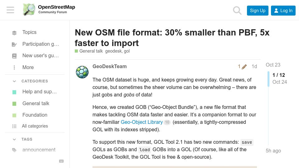 Screenshot of community.openstreetmap.org: New OSM file format: 30% smaller than PBF, 5x faster to import