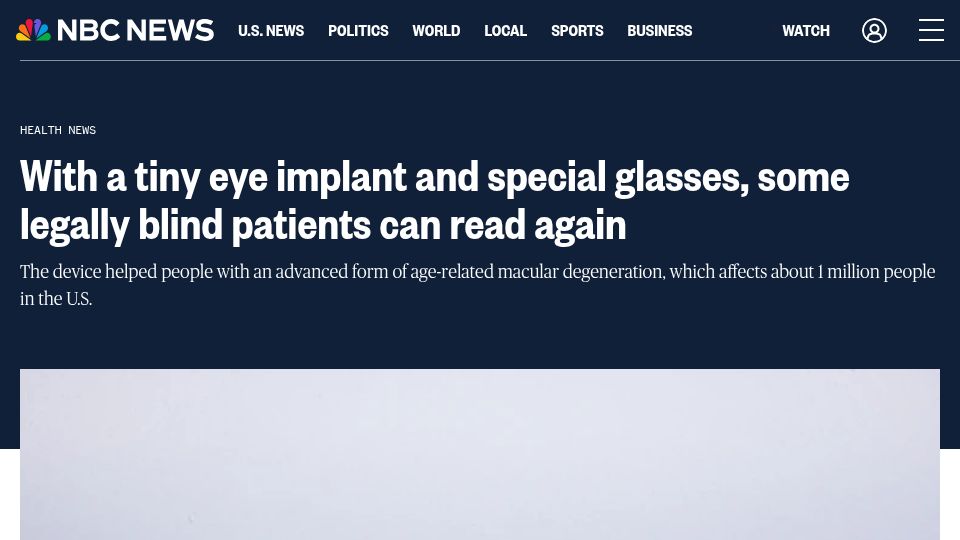 Screenshot of nbcnews.com: People with blindness can read again after retinal implant and special glasses