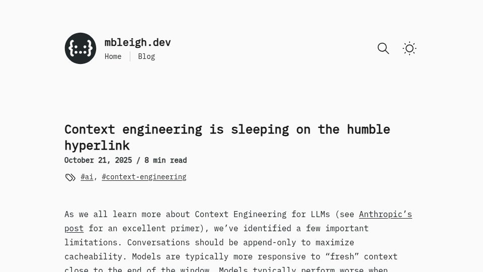 Screenshot of mbleigh.dev: Context engineering is sleeping on the humble hyperlink