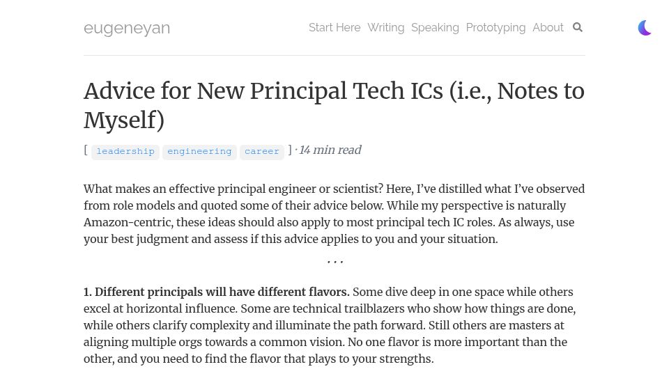 Screenshot of eugeneyan.com: Advice for new principal tech ICs (i.e., notes to myself)