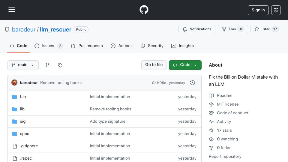 Screenshot of github.com: Show HN: LLM Rescuer – Fixing the billion dollar mistake in Ruby