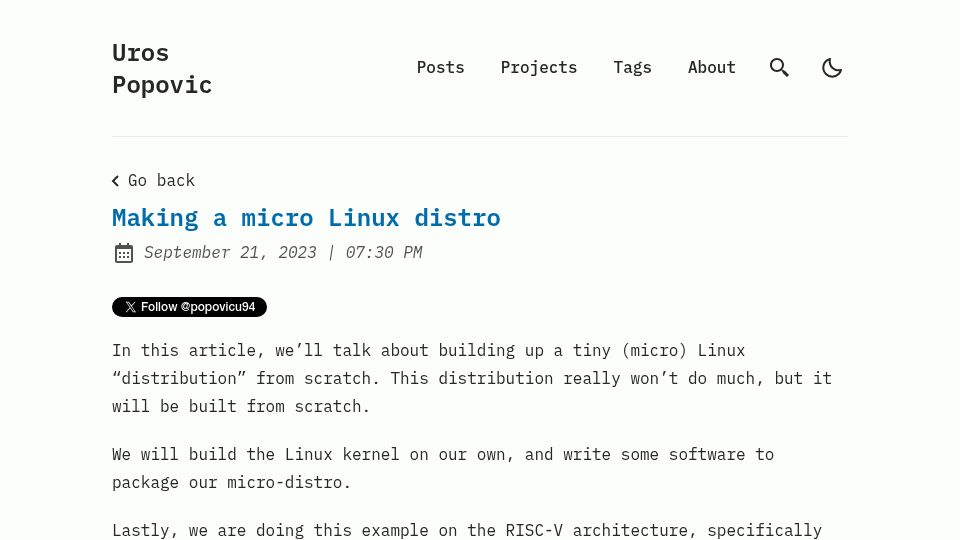 Screenshot of popovicu.com: Making a micro Linux distro (2023)