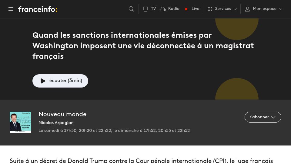 Screenshot of franceinfo.fr: ICC Judge Guillou loses all US IT accounts after MAGA sanctions [FR]