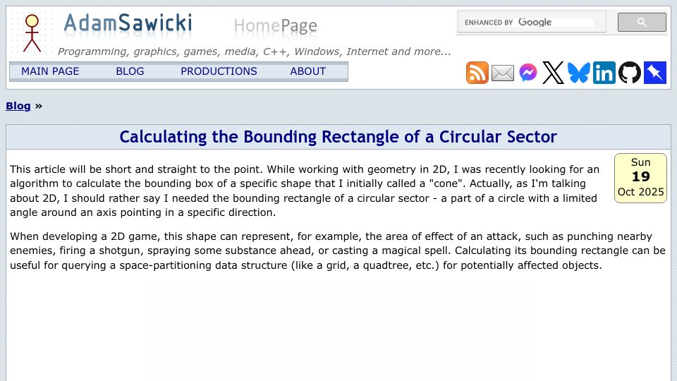 Screenshot of asawicki.info: Calculating the Bounding Rectangle of a Circular Sector
