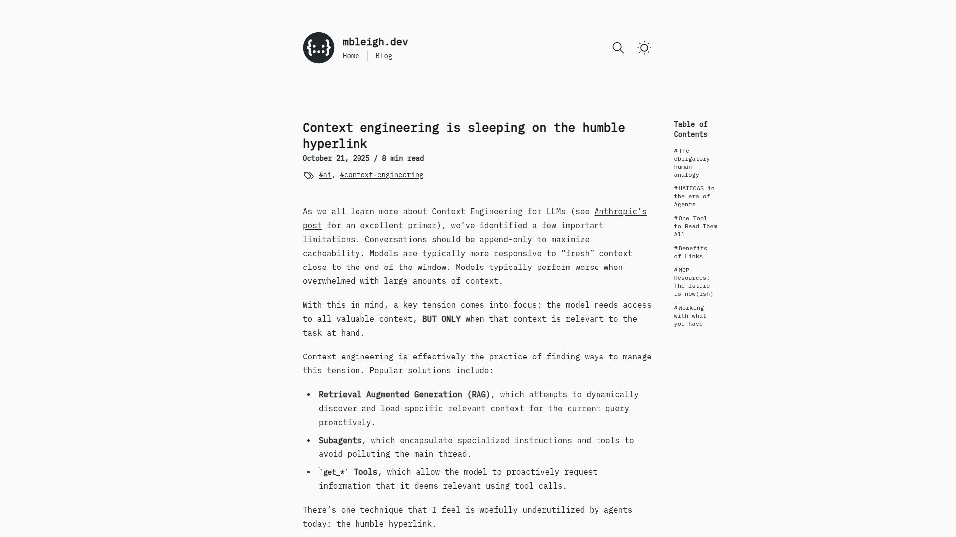 Screenshot of mbleigh.dev: Context engineering is sleeping on the humble hyperlink