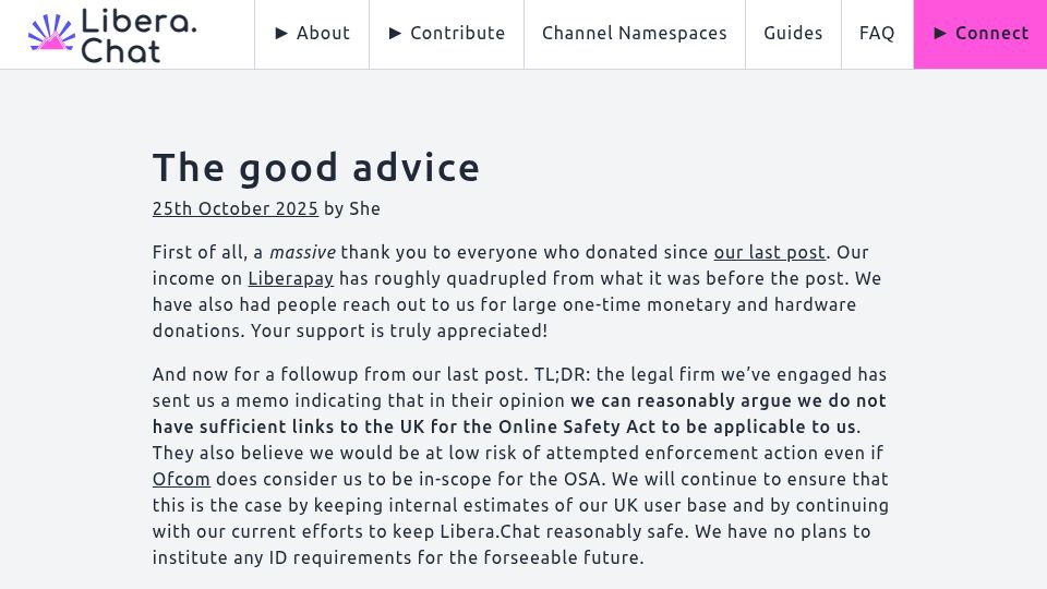 Screenshot of libera.chat: We do not have sufficient links to the UK for Online Safety Act to be applicable