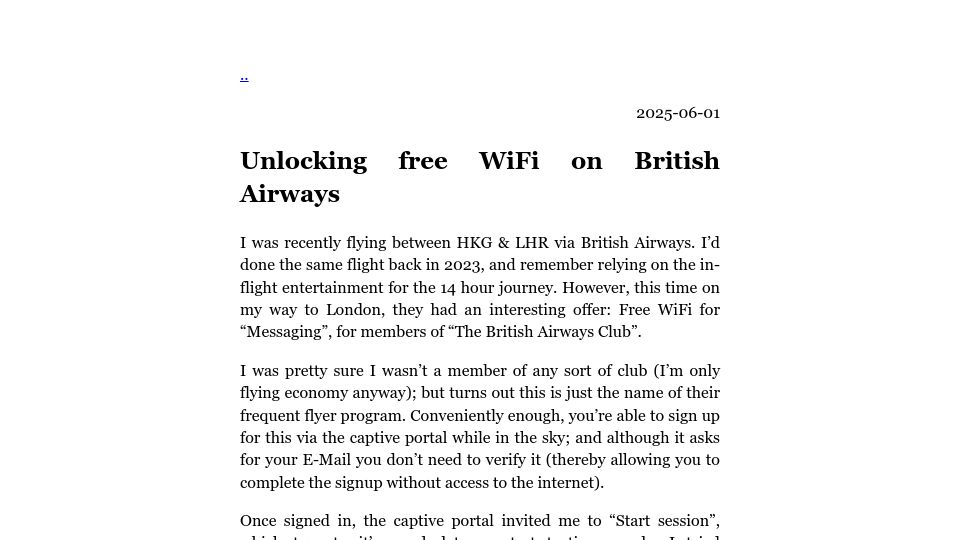 Screenshot of saxrag.com: Unlocking free WiFi on British Airways