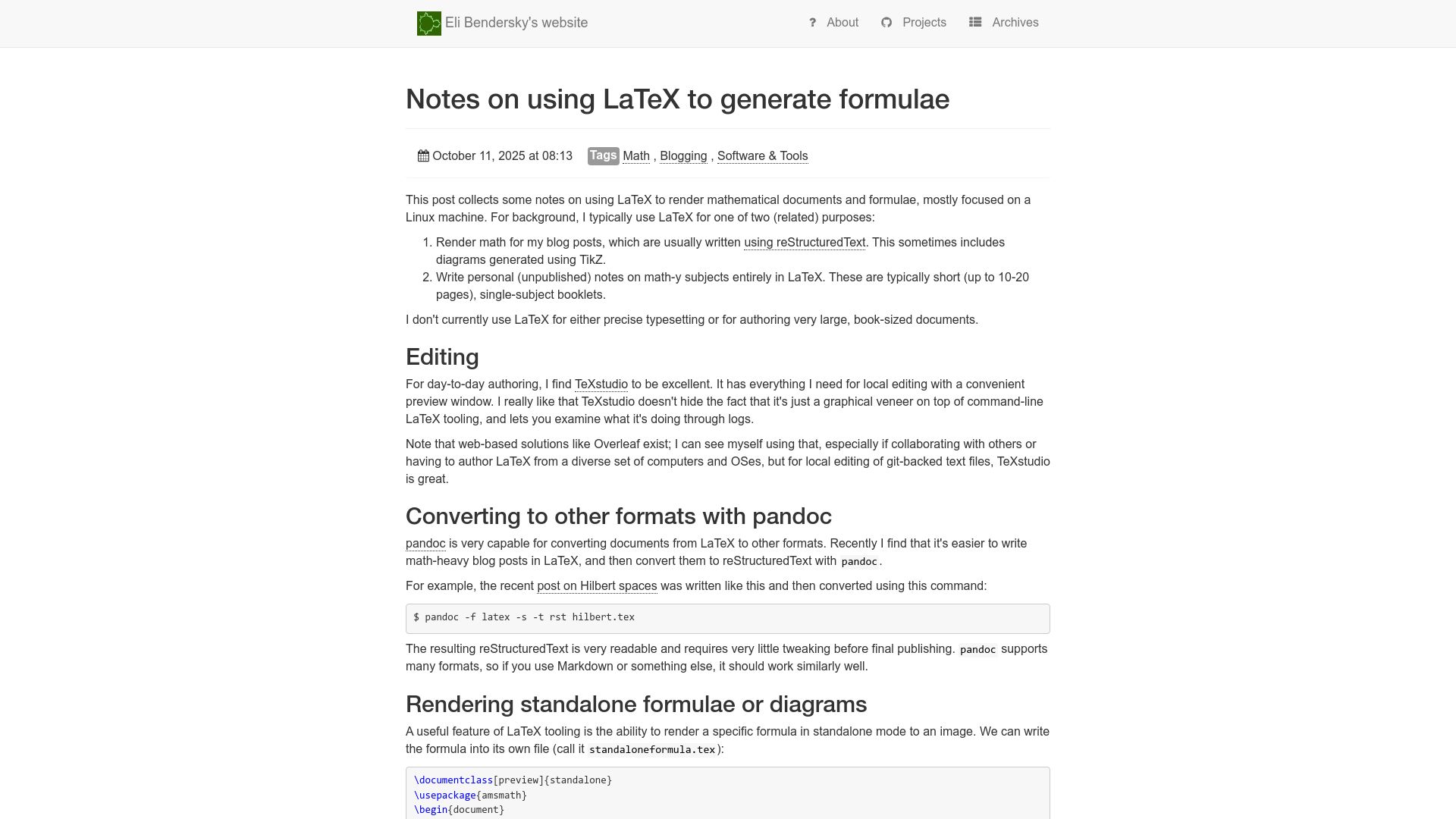 Screenshot of eli.thegreenplace.net: Notes on using LaTeX to generate formulae