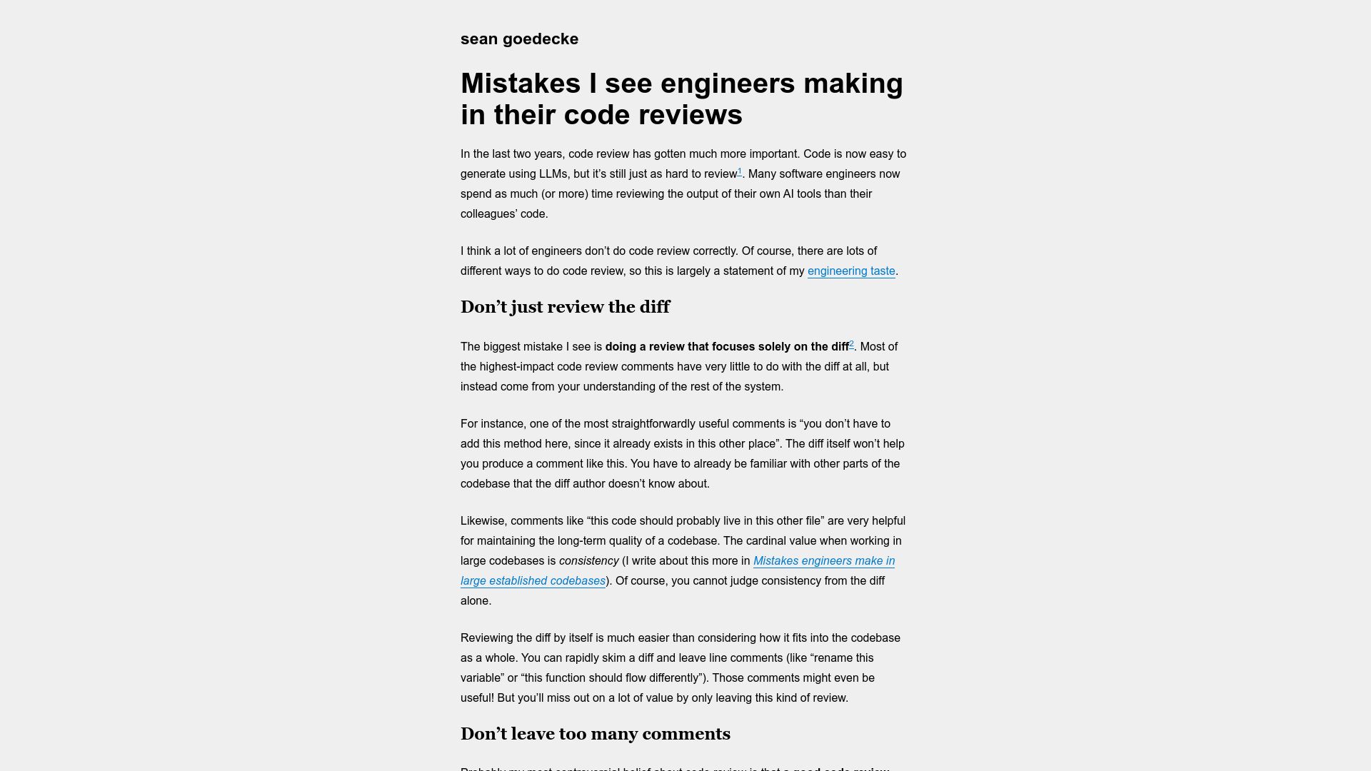 Screenshot of seangoedecke.com: Mistakes I see engineers making in their code reviews