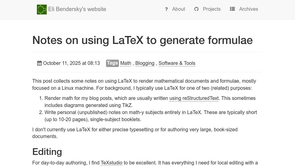 Screenshot of eli.thegreenplace.net: Notes on using LaTeX to generate formulae