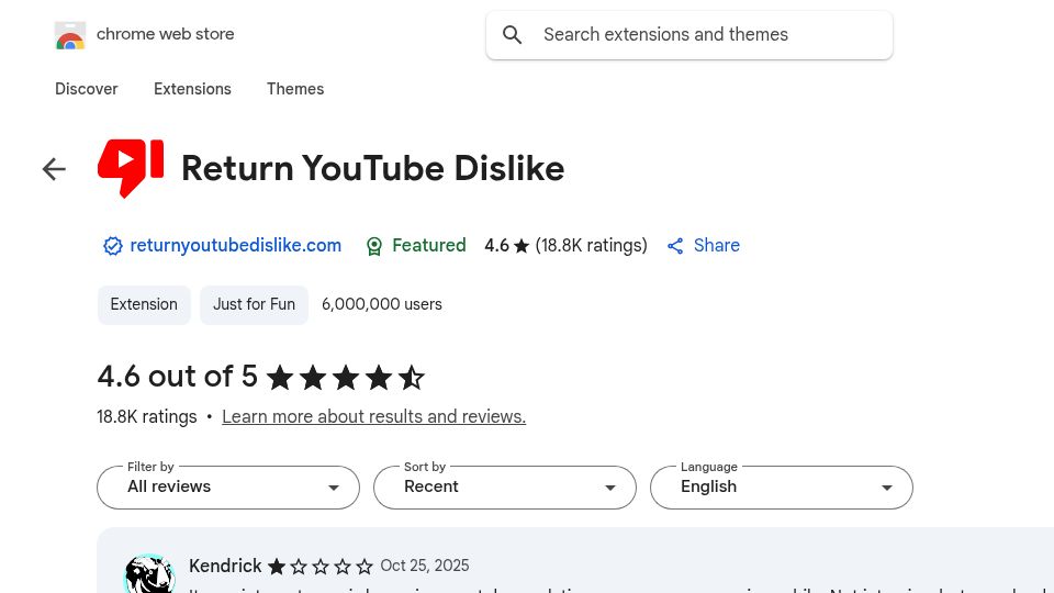 Screenshot of chromewebstore.google.com: "Return YouTube Dislike" Chrome Extension Injecting Ads