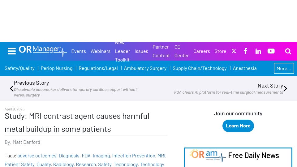 Screenshot of ormanager.com: Study: MRI contrast agent causes harmful metal buildup in some patients