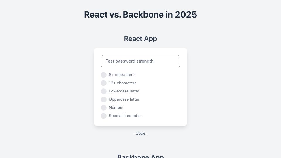 Screenshot of backbonenotbad.hyperclay.com: React vs. Backbone in 2025