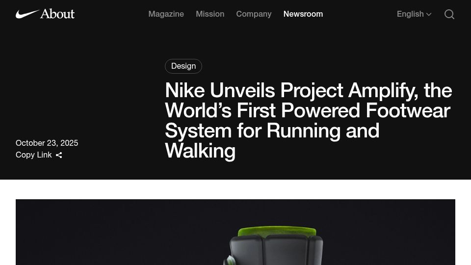 Screenshot of about.nike.com: Project Amplify: Powered footwear for running and walking