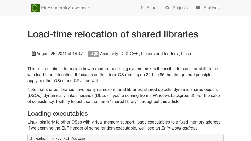 Screenshot of eli.thegreenplace.net: Load-time relocation of shared libraries (2011)