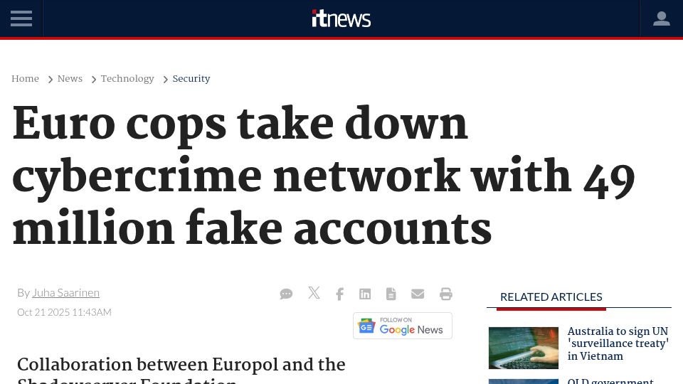 Screenshot of itnews.com.au: Euro cops take down cybercrime network with 49M fake accounts