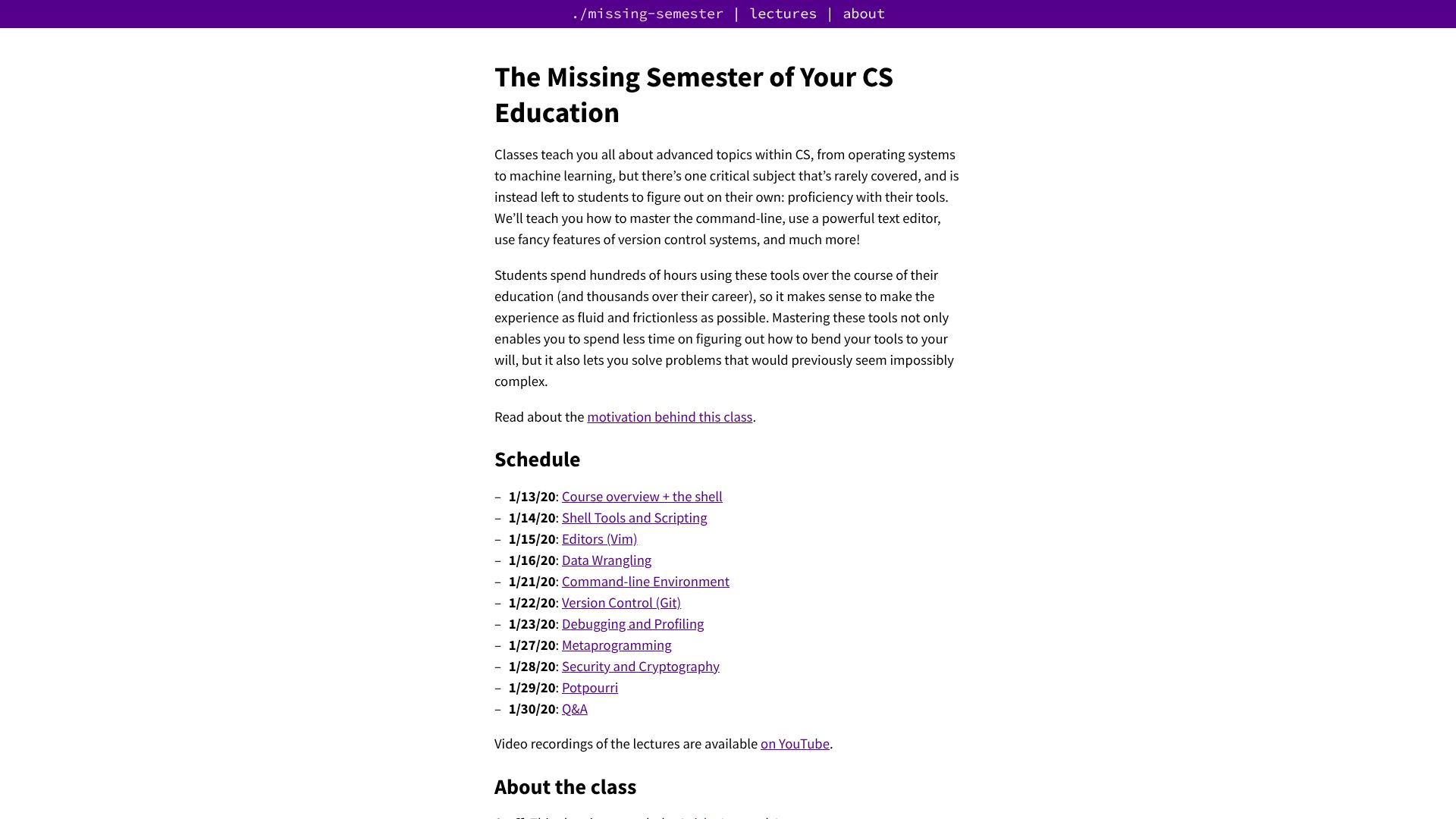 Screenshot of missing.csail.mit.edu: The Missing Semester of Your CS Education (2020)