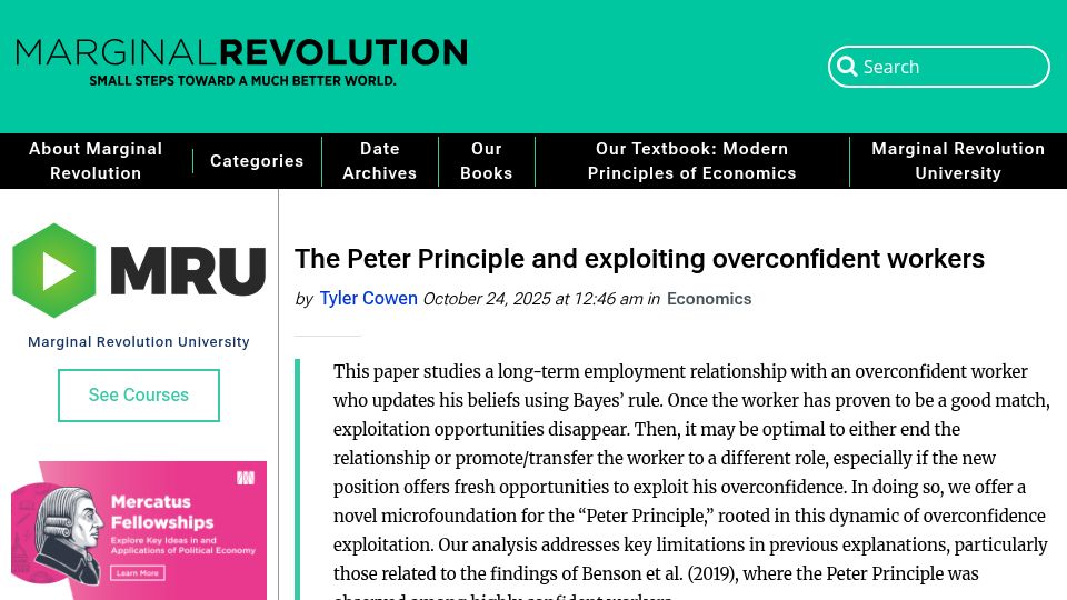 Screenshot of marginalrevolution.com: The Peter Principle and exploiting overconfident workers