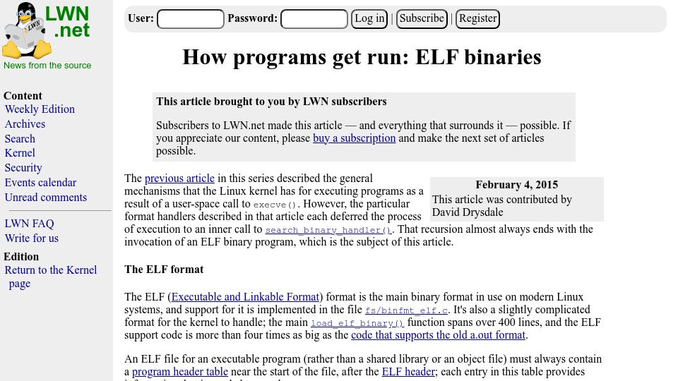 Screenshot of lwn.net: How programs get run: ELF binaries (2015)
