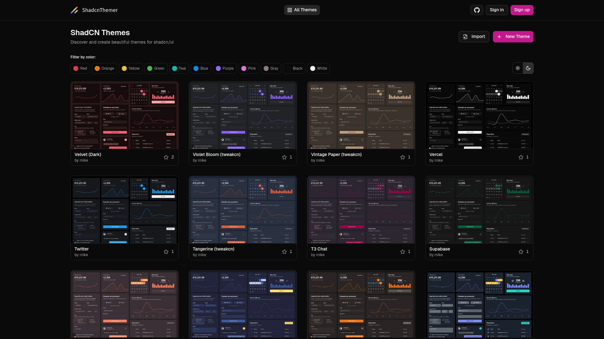 Screenshot of shadcnthemer.com: Show HN: Shadcn/UI theme editor – Design and share Shadcn themes